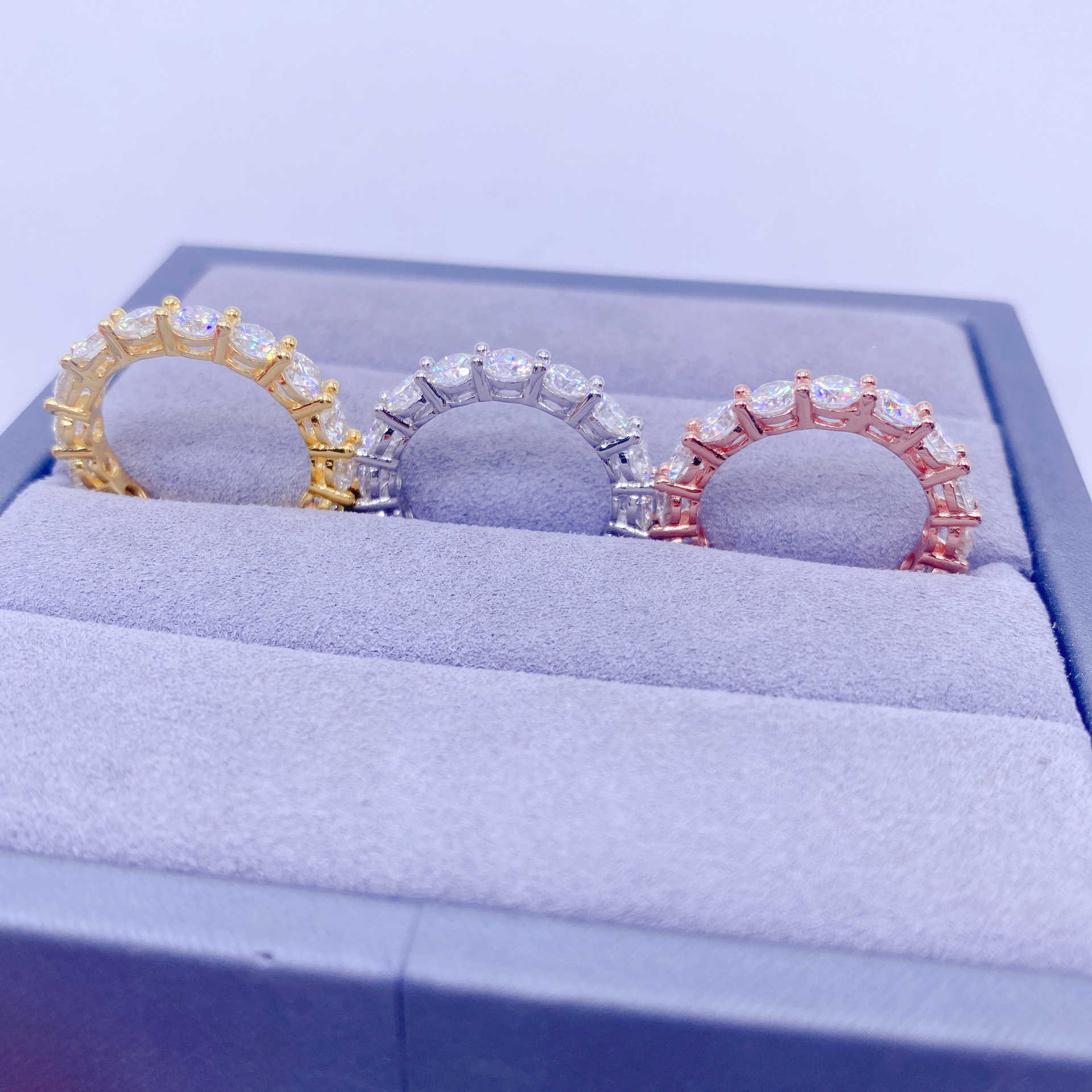 Hip hop 925 silver set vvs4.0mm round Mohsen ring mens and womens rings ins fashion trend full of diamonds