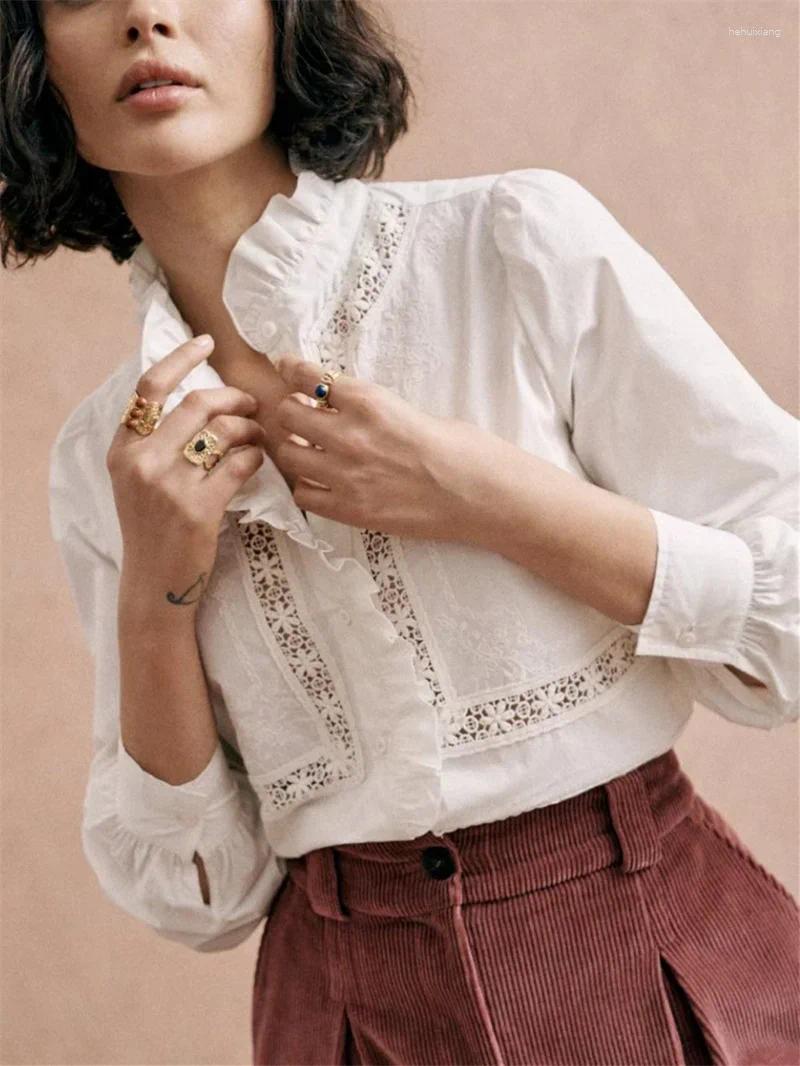 Women's Blouses Women Lace Embroidery Shirt White Or Stripes Ruffled Collar Long Sleeve Elegant Chemise 2025 Autumn Female Blouse
