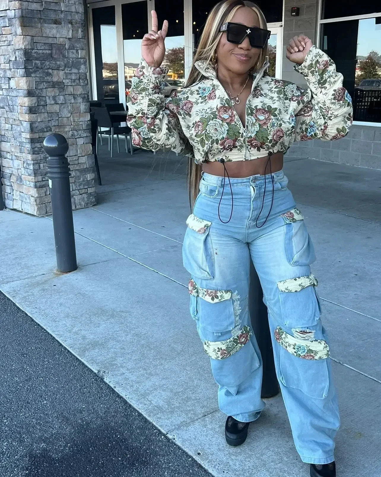 BWQ Washed Denim Womens Set Full Sleeve Floral Jacket and Pockets Cargo Jeans Pants Suit 2025 Street Two 2 Piece Set Outfit 250210