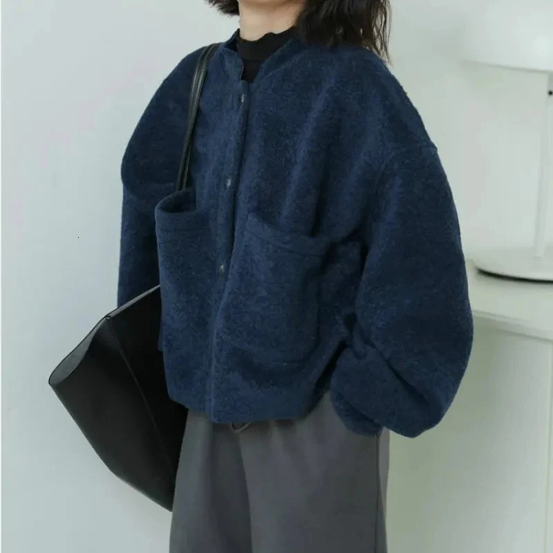 MEXZT Basic Fleece Jackets Women Korean Solid Woolen Coat Autumn Winter Vintage Streetwear Pockets Loose Casual Warm Outerwear 250120