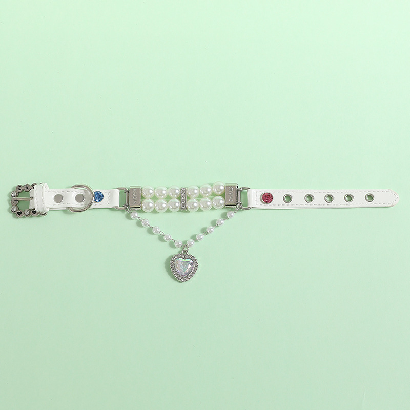 Small Dogs Collars with Large Heart-shaped Pendant Rhinestone Pearl Accessories,Leather Collar Leash Set for Dogs, Adjustable Pet Collars for Gift, Ga