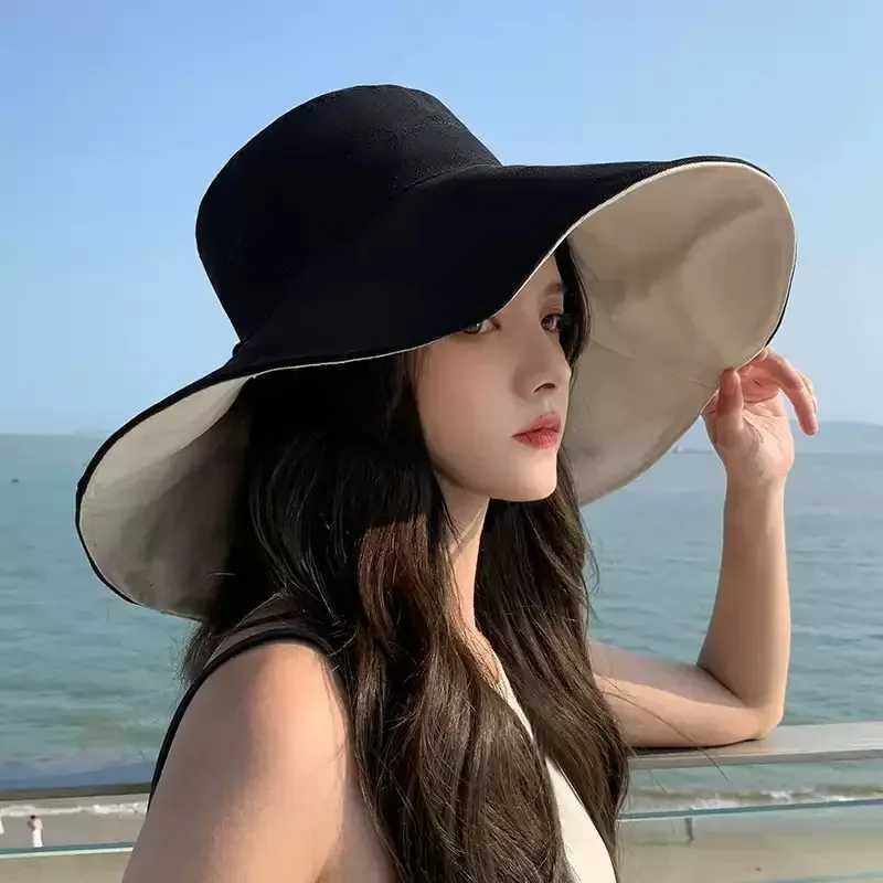 Spring Summer New Big Wide Brim Women Bucket Hat Solid Color Foldable UV Protection Outdoor Beach Panama Cap Sun Hats W250217