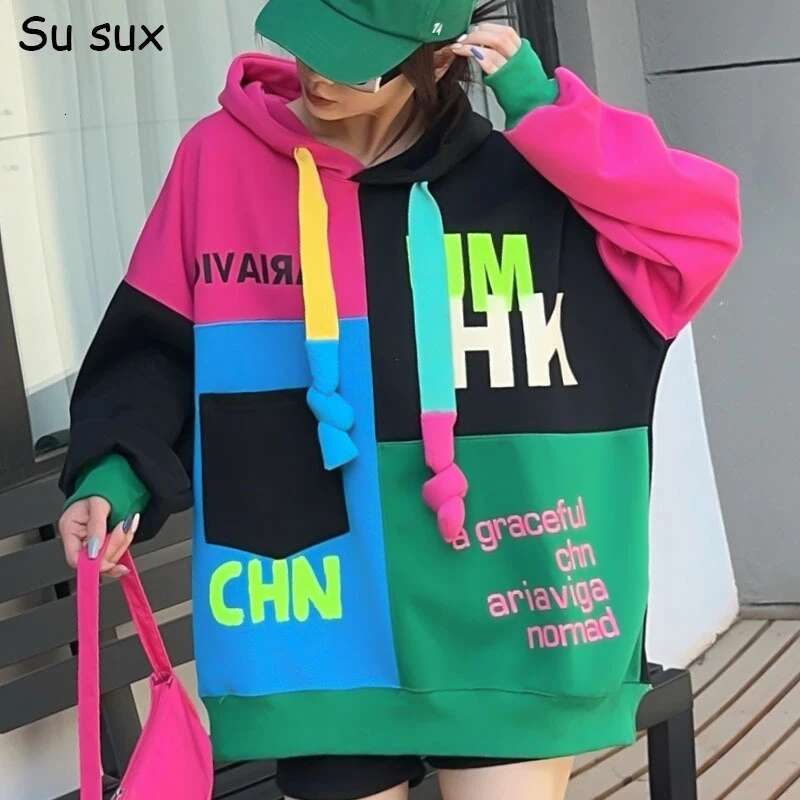 Letter Print Patchwork Oversized Hooded Sweatshirt For Women Y2k Clothes Japanese Korean Style Casual Loose Pullover Top Bust132