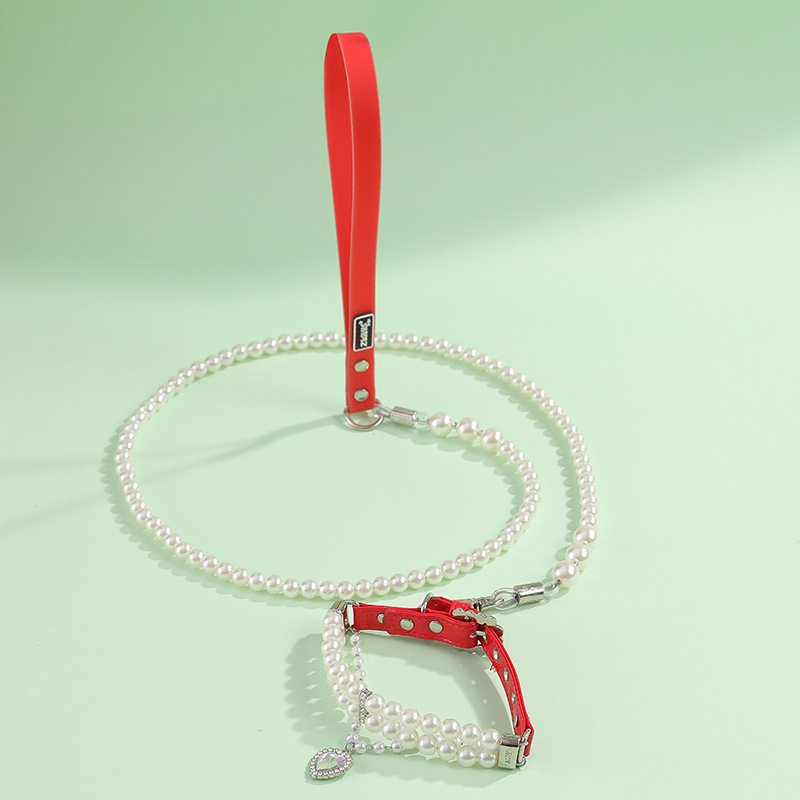 Small Dogs Collars with Large Heart-shaped Pendant Rhinestone Pearl Accessories,Leather Collar Leash Set for Dogs, Adjustable Pet Collars for Gift, Ga