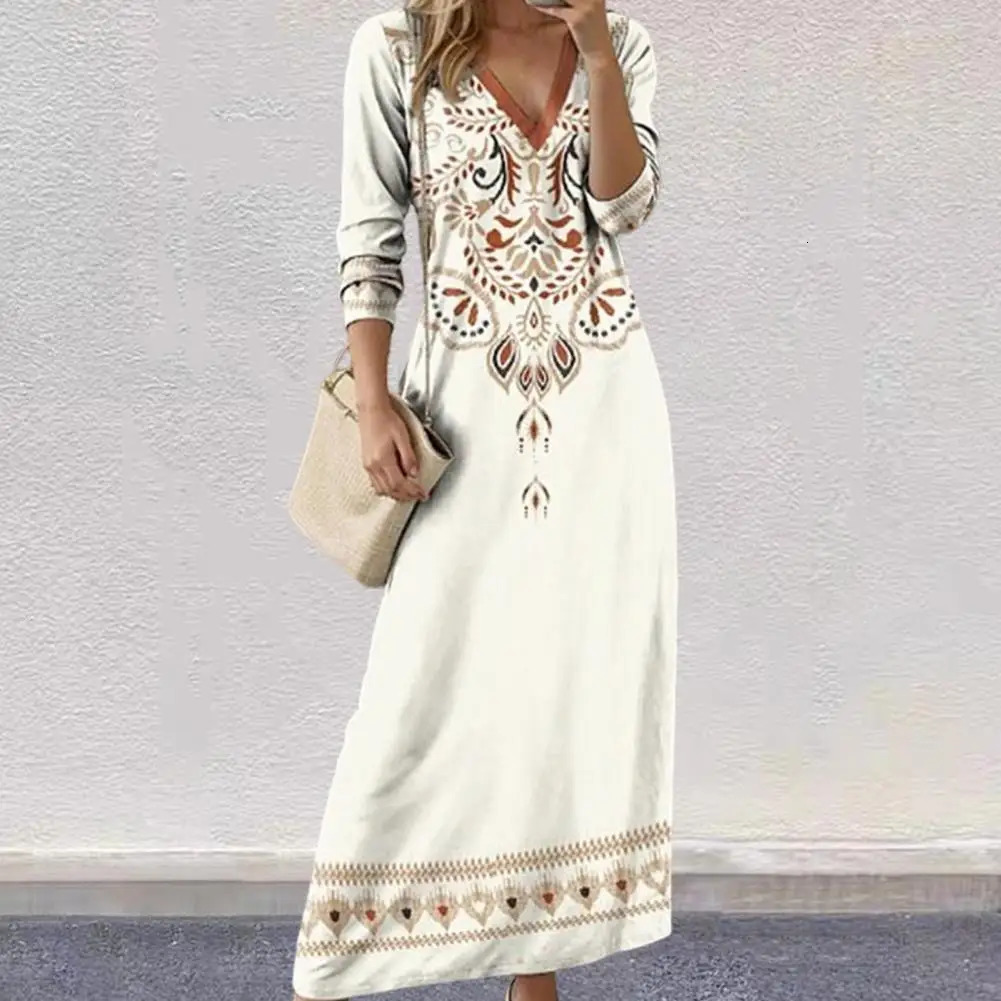 Printed Dress Bohemian Maxi Dress with Ethnic Print V Neck Long Sleeves Womens Spring A-line Pullover in Soft for Ankle 250213