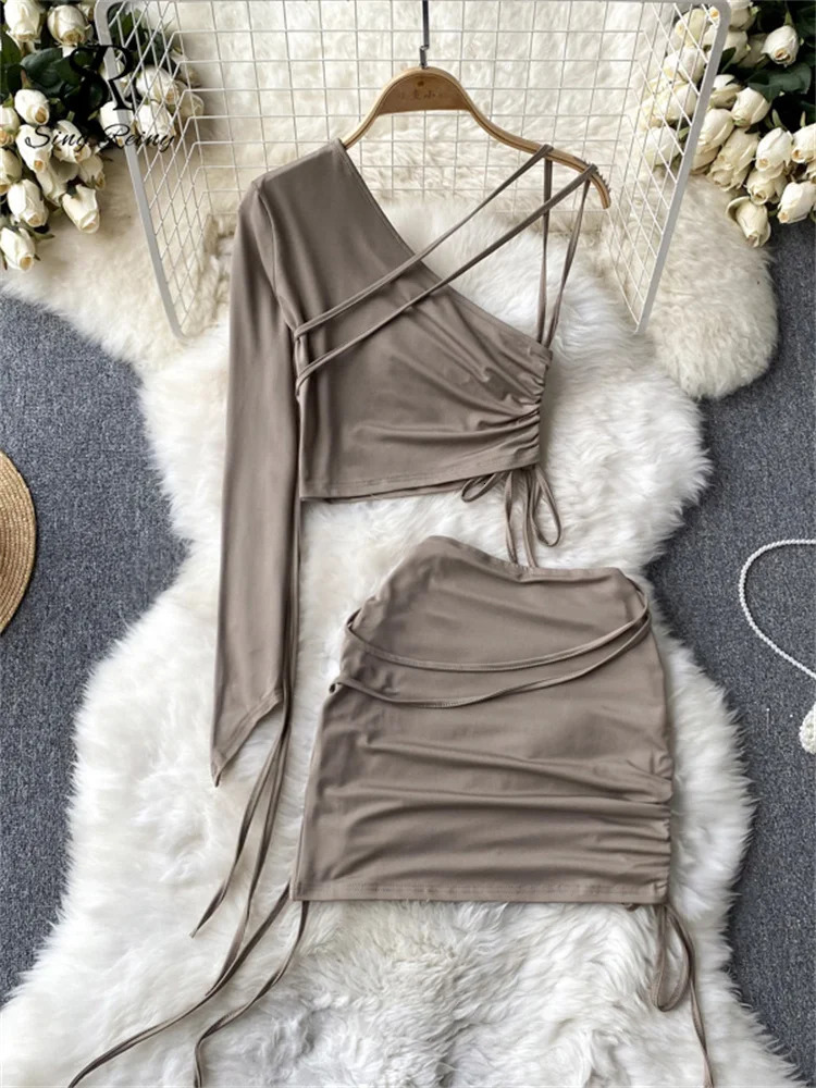 SINGREINY Senior Fashion Two Pieces Suits Women Sexy One Shoulder Long Sleeves Drawstring TopShort Bodycon Skirt sweet Sets 250214