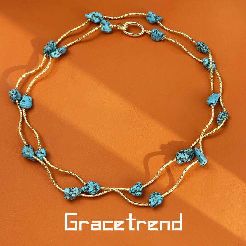Natural raw ore turquoise shaped natural stone necklace, multi circle bracelet, sweater chain accessory