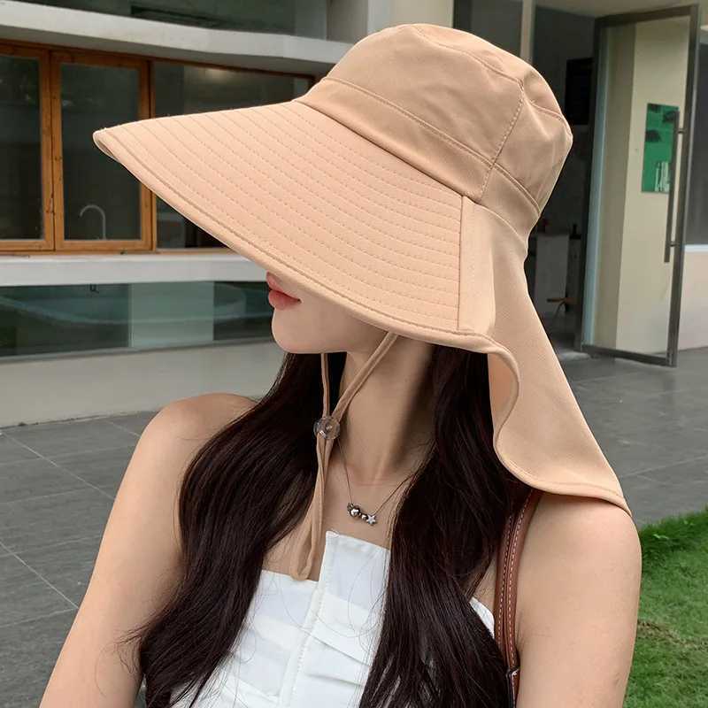Large Brim Shawl Bucket Hat for Women Korean Versatile Foldable Fisherman Cap Outdoor Sunscreen Visors Vacation Beach Summer Hat W250217