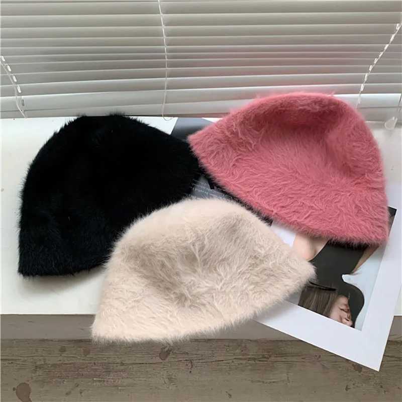 Autumn Winter Rabbit Fur Bucket Hat For Women Soft Plush Basin Cap Solid Color Female Warm Fisherman Hat W250217