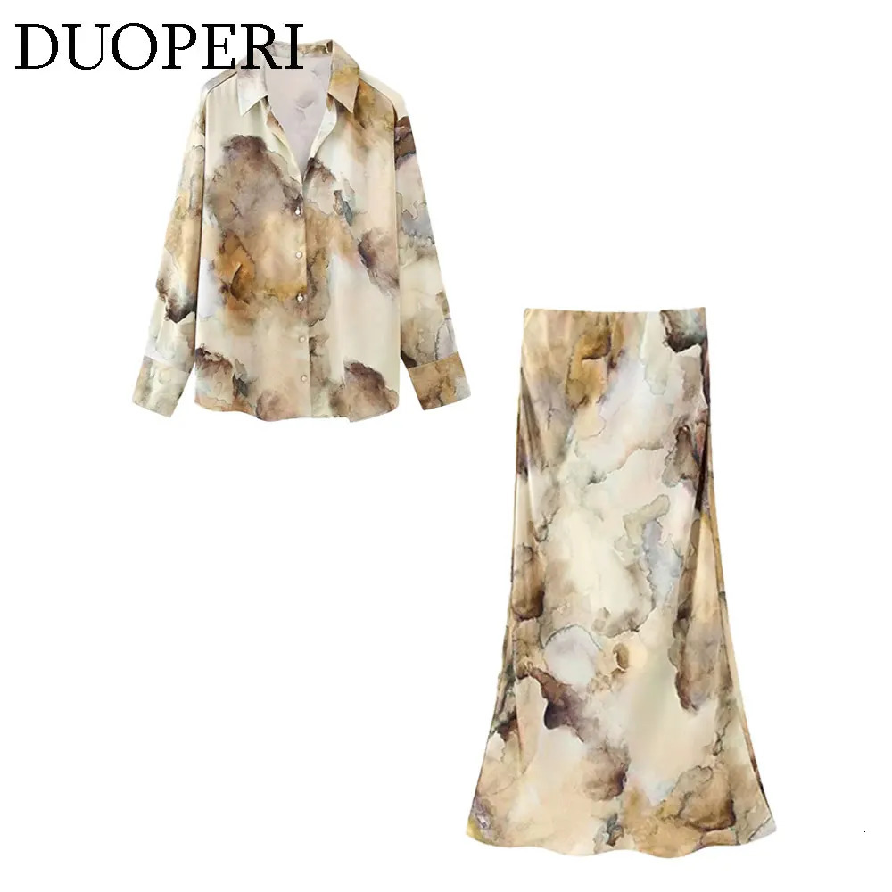 DUOPERI Women Fashion Tie Dye Printed Satin Blouse Midi Skirt Sets Chic Lady Casual and Coordinates 250214
