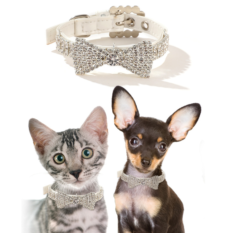 Dog Collar with Bow Shaped Rhinestone, Leather Collar Necklace for Cats Dogs, Dog Princess Beautiful Neck Decoration, Adjustable Pet Collars for Cat S