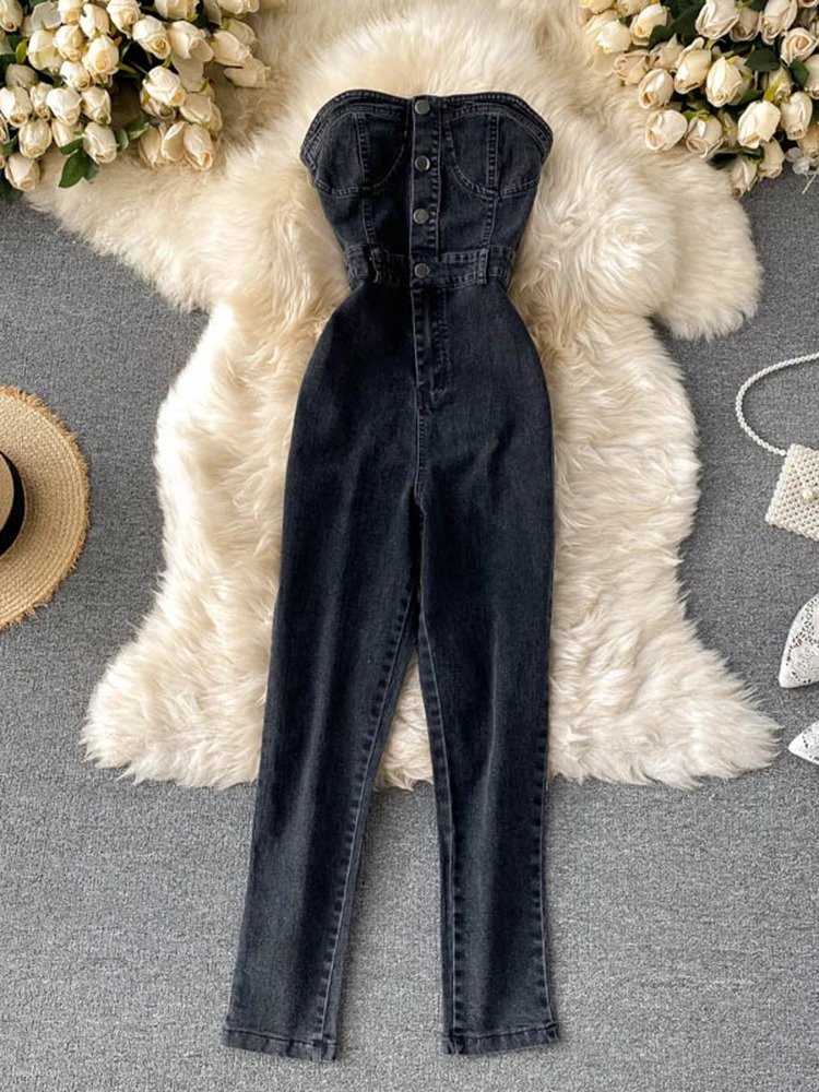 EWQ Elegant Chic Jumpsuit Women Strapless Sleeveless Denim Solid Color High Waist Jumpsuits Winter Spring 2024 27SN5080 250122