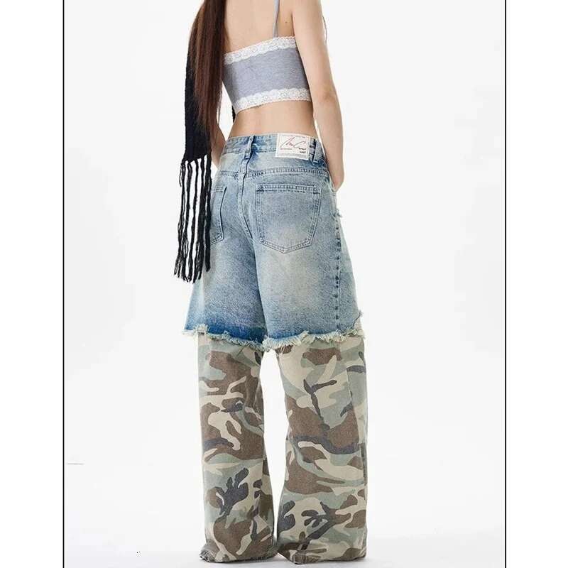 Splicing Together Women Y2k Vintage High Waisted Jeans Straight Streetwear Camouflage Loose Large Wide Leg Denim Pants