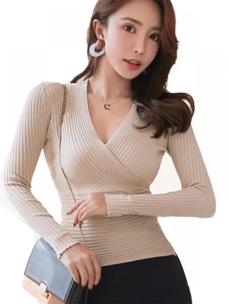 Short Basic Sweaters Women Sexy Deep V Neck Sweater Womens Pullover Slim Bottoming Female Elastic Cotton Tops 250211