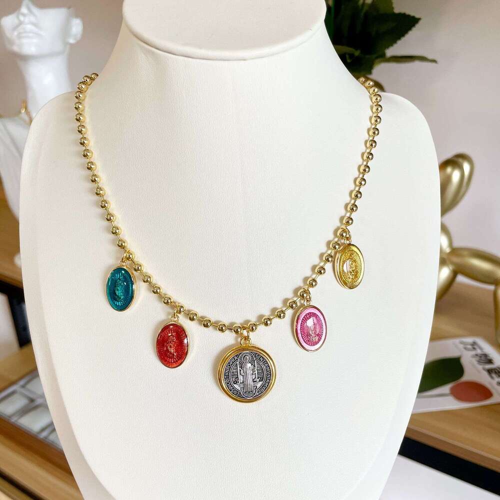 Round Madonna pendant, bead chain, copper gold-plated necklace, religious accessory for women