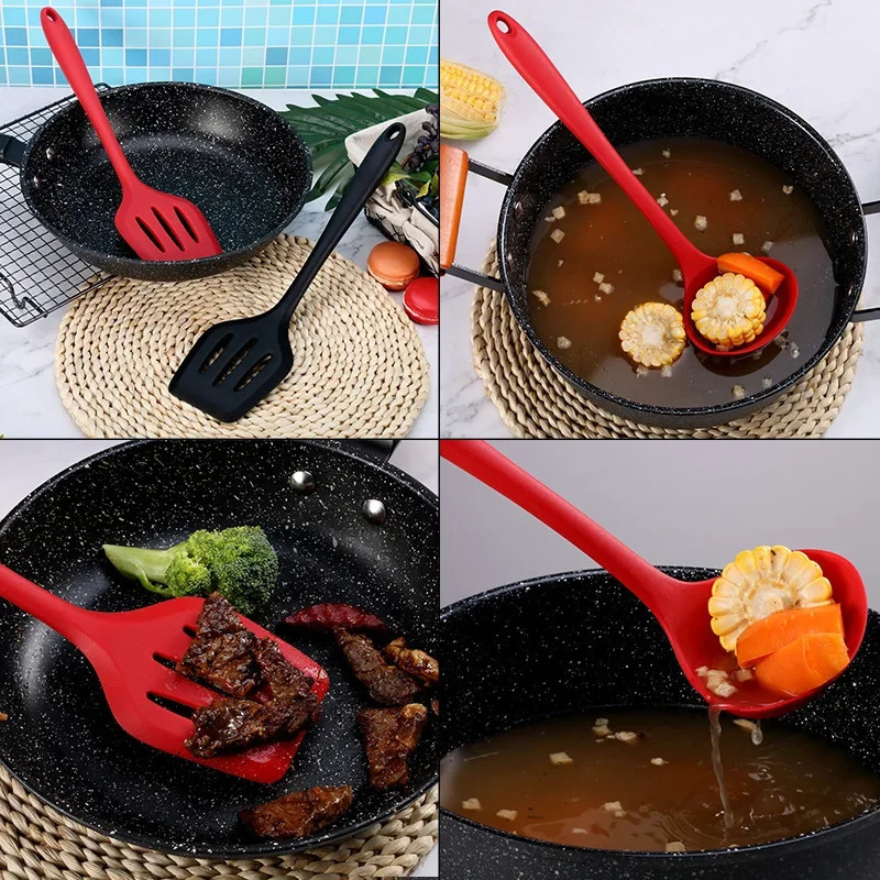 10 Pcs/Set Silicone Kitchen Utensils Set Non-Stick Silicone Tong Spoon Spatula Pasta Server Whisk Ladle Strainer Cooking Tools 250214