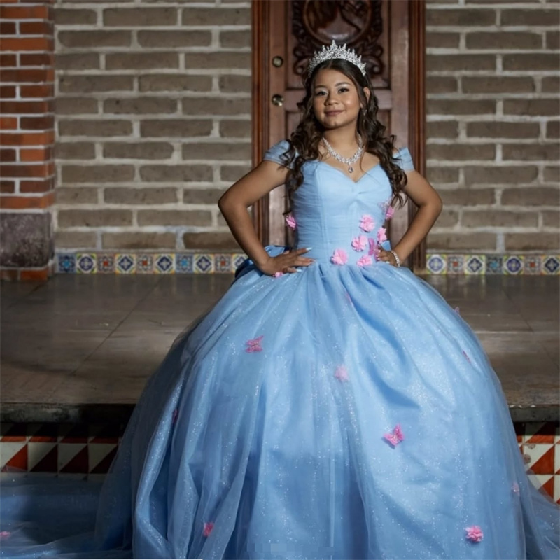 Fairytale Baby Blue Vestidos De 15 Quinceanera Charro Pink Florals Vestidos Para 15 Anos Butterfly Sweet 16 Dress Costume Masquerade Ball Gown Prom Dr