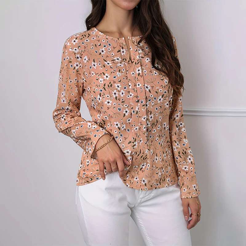 2024 Women's Small Ral Print Design Round Neck Fashion Long Sleeve Shirt Summer And Autumn Breathable Fiber New Standar