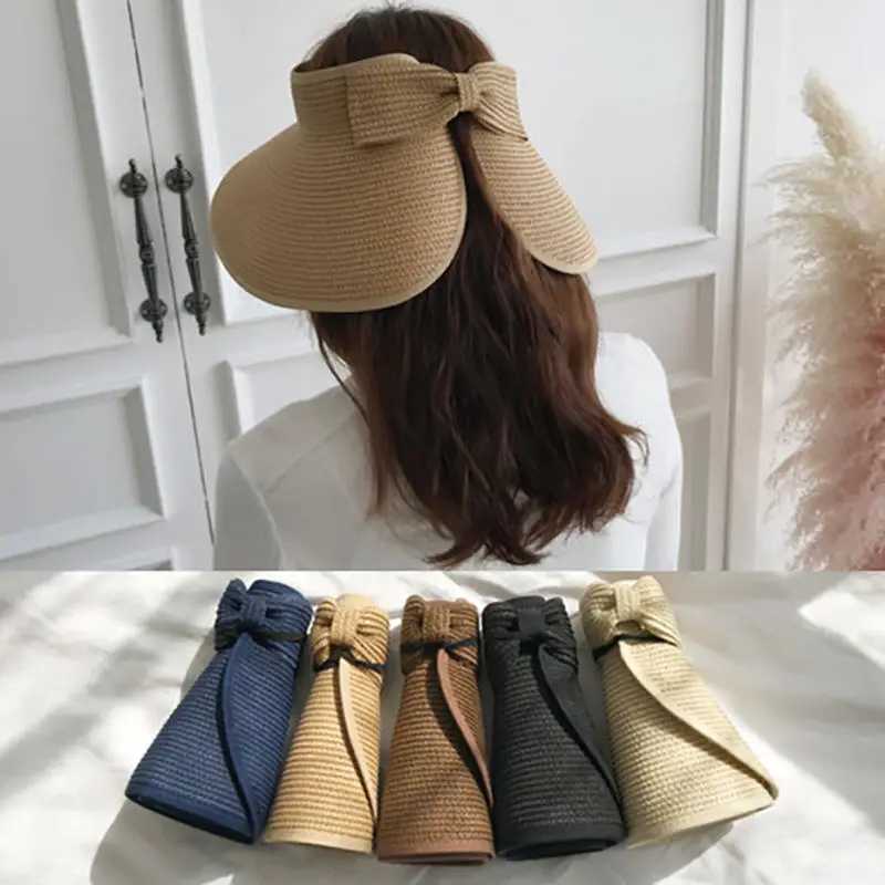 Multicolor Women Roll Up Sun Hats Outdoor Foldable Wide Brim Uv Protection Beach Straw Hat Girl Breathable Empty Top Caps Bonnet W250217