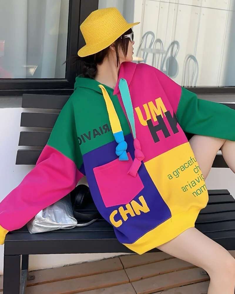 Letter Print Patchwork Oversized Hooded Sweatshirt For Women Y2k Clothes Japanese Korean Style Casual Loose Pullover Top Bust132