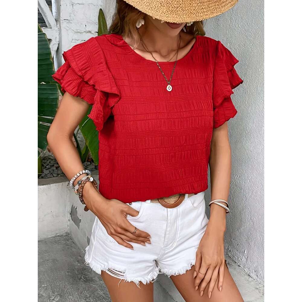 Summer Elegant Solid Shirt For Women Casual Office Lady Blouses Vintage Butterfly Sleeve O Neck Tops