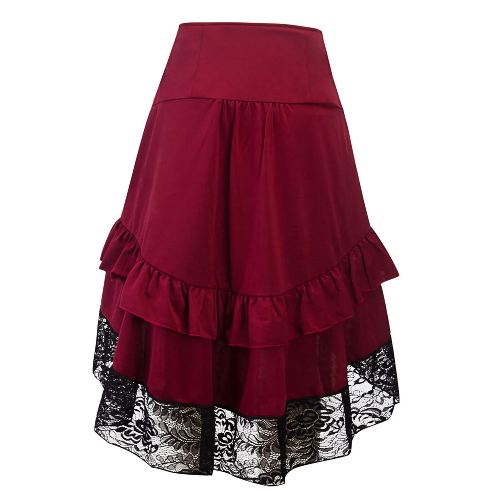 Halloween Half Skirts Gothic Solid Color High Waist Button Lace Stitching Ruched Drawstring Irregular Skirt Medieval Faldas 250211