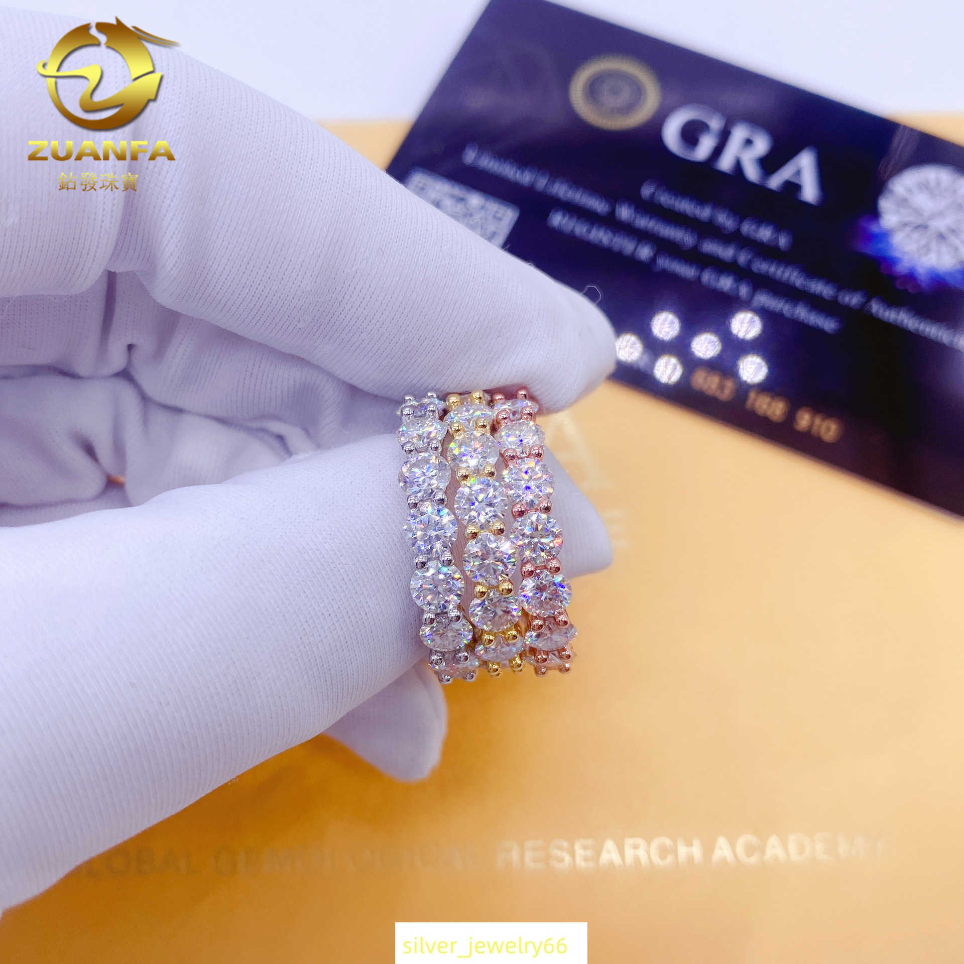 Hip hop 925 silver set vvs4.0mm round Mohsen ring mens and womens rings ins fashion trend full of diamonds