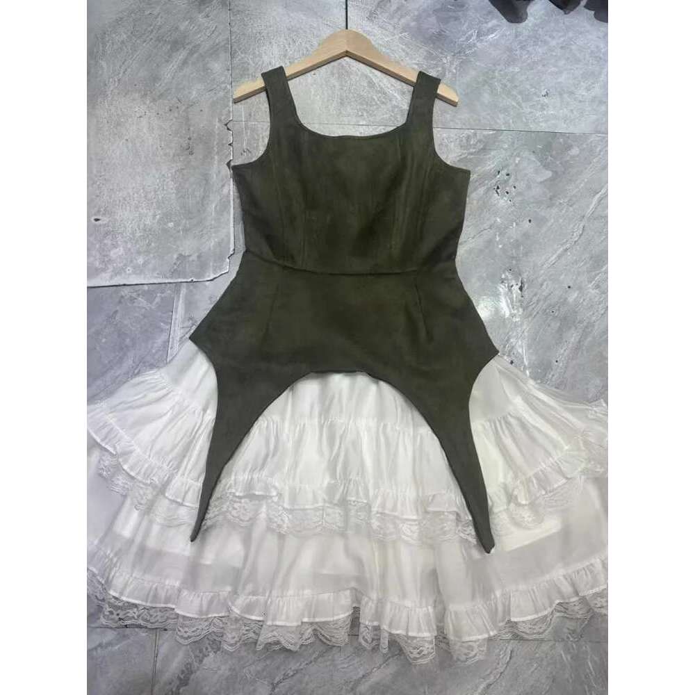 Elegant Women's Color Block Lace Ruffled Dresses Square Collar High Waist Sleeveless Slim Dress Spring 2025 New