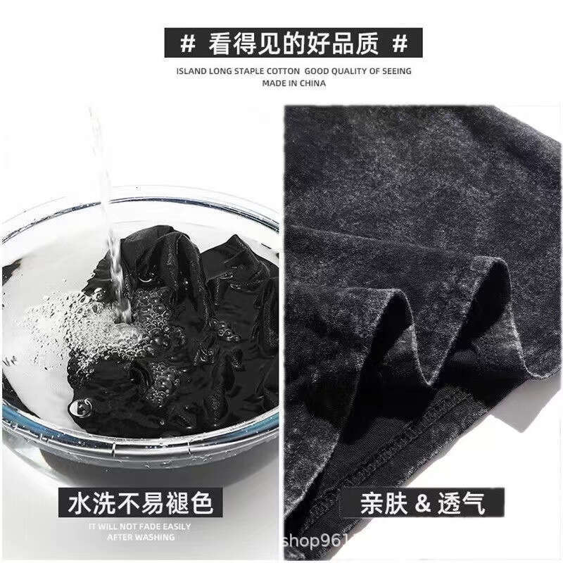 Wash washed vintage letter short T-shirt for men, Xia Ins trendy brand loose five and a half sleeved shirt