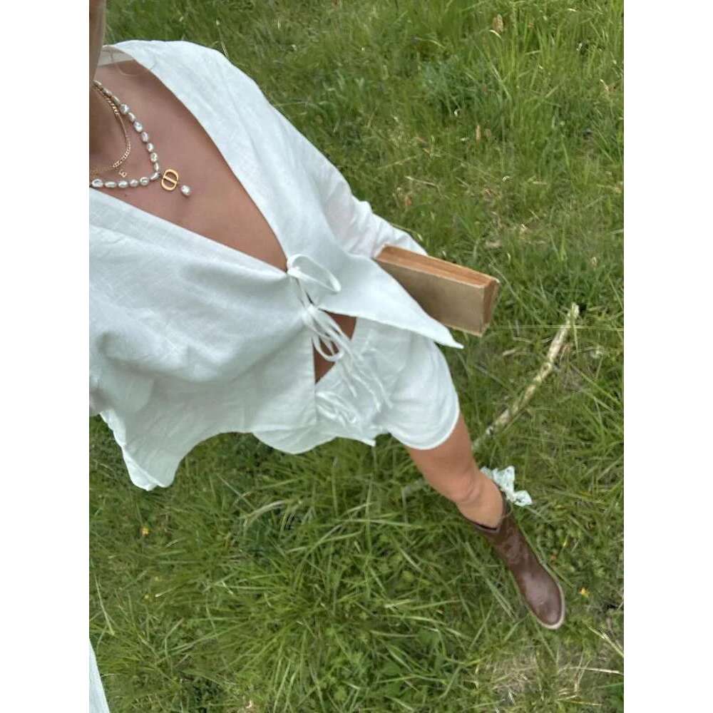 Cotton En Lace Up Bow Shirts Women Loose Hollow Out V Neck Long Sleeve Tops Female 2025 Spring New Lady Streetwear Top