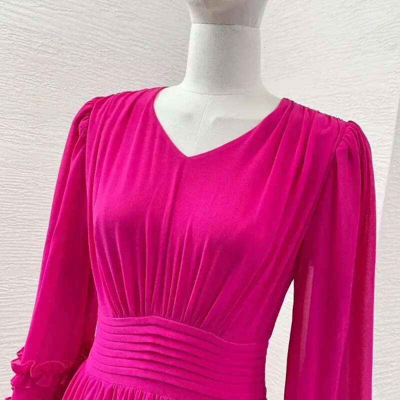 Women's Rose Red Lace Big Swing Ruched Long Sleeve Midi Dress Chic And Elegant Woman For Summer High Quality Dresses