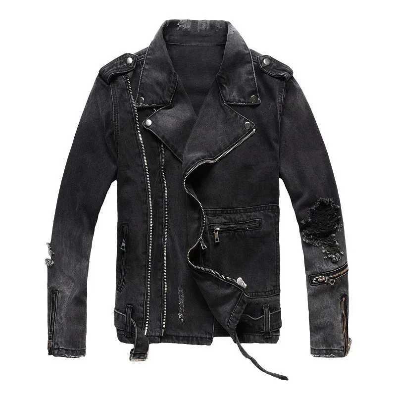 Men's Jackets Mens Jacket Zippers Black Denim Jean Biker Jacket Motorcycle Vintage Epaulet Holes Ripped Distressed Coat for Men z250217