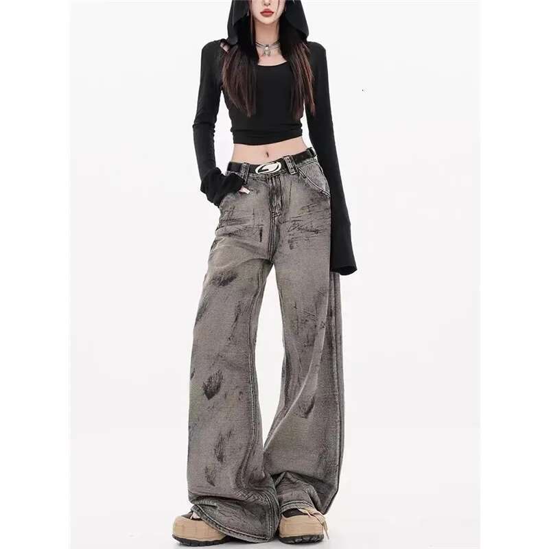 Grey Jeans Women Y2k Vintage High Waisted Straight Trouser American Streetwear Loose Girl Wide Leg Classic Denim Pants