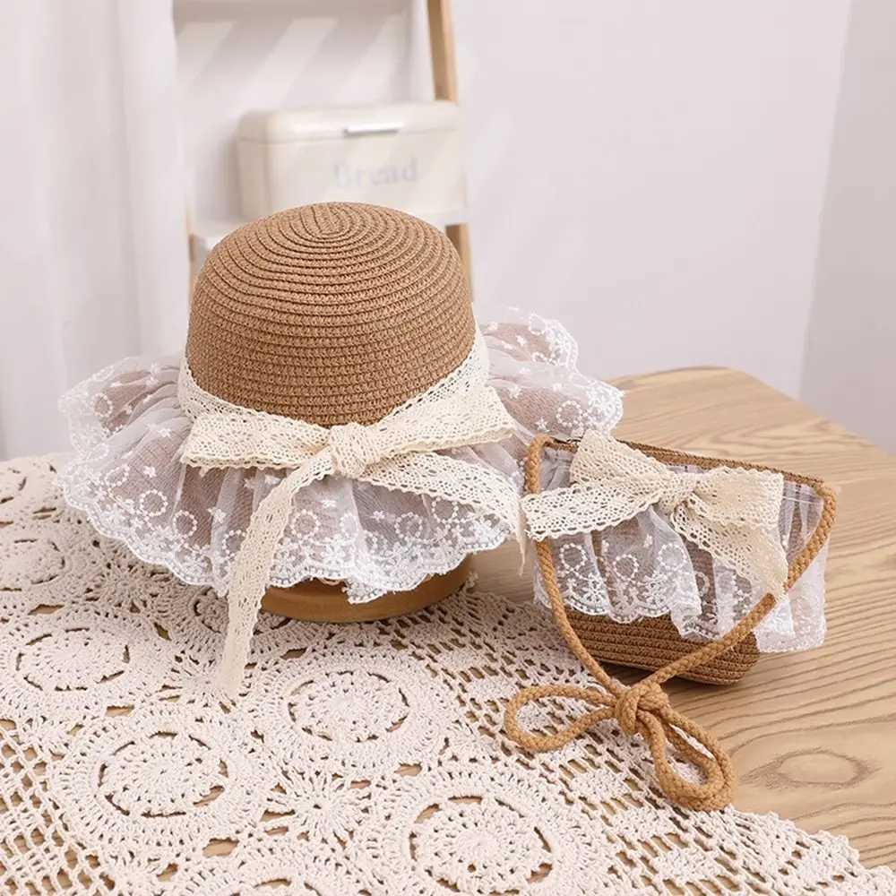 New straw hat wide Brim lace beach bucket hat fashionable bow grass hat baby bag W250217