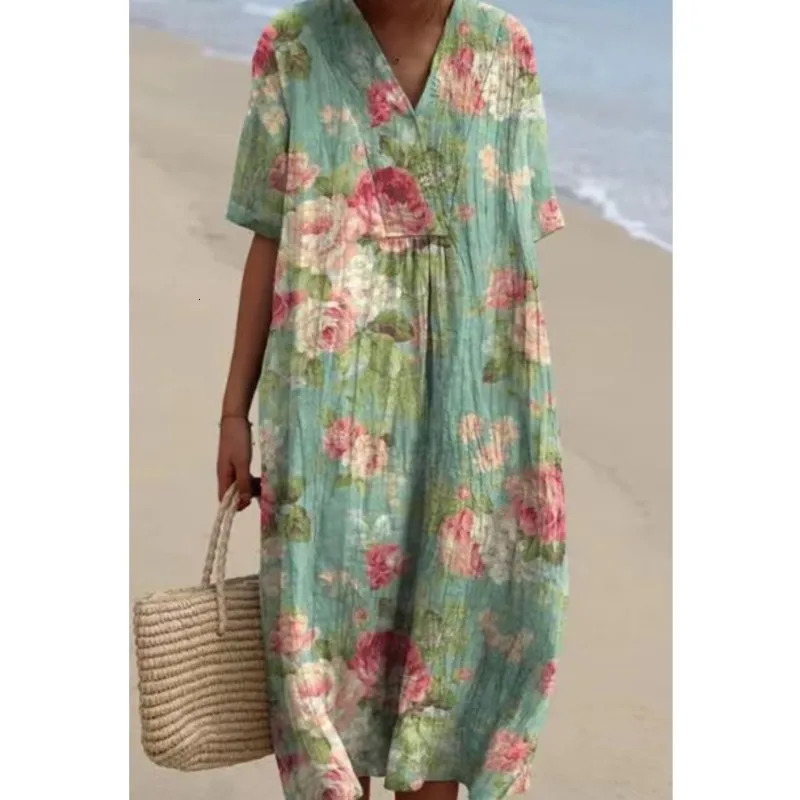 Womens floral print summer mini dress color V-neck short sleeved casual loose vacation exercise beach wear dress robe Traf 250213
