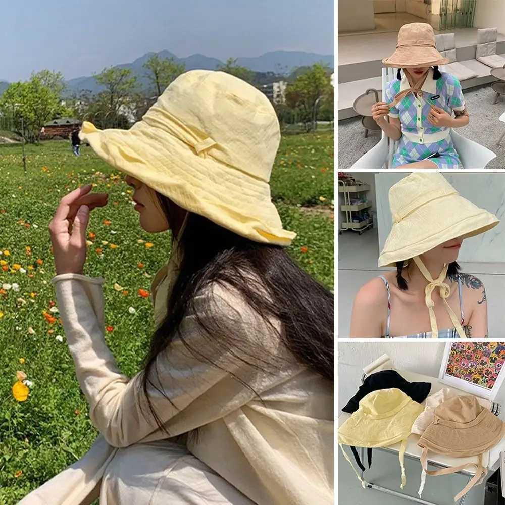 Korean Style Summer Fashion Wide Brim Women Bucket Hat Outdoor Sunshade Hats Solid Color Sun Protection Fisherman Cap Versatile W250217
