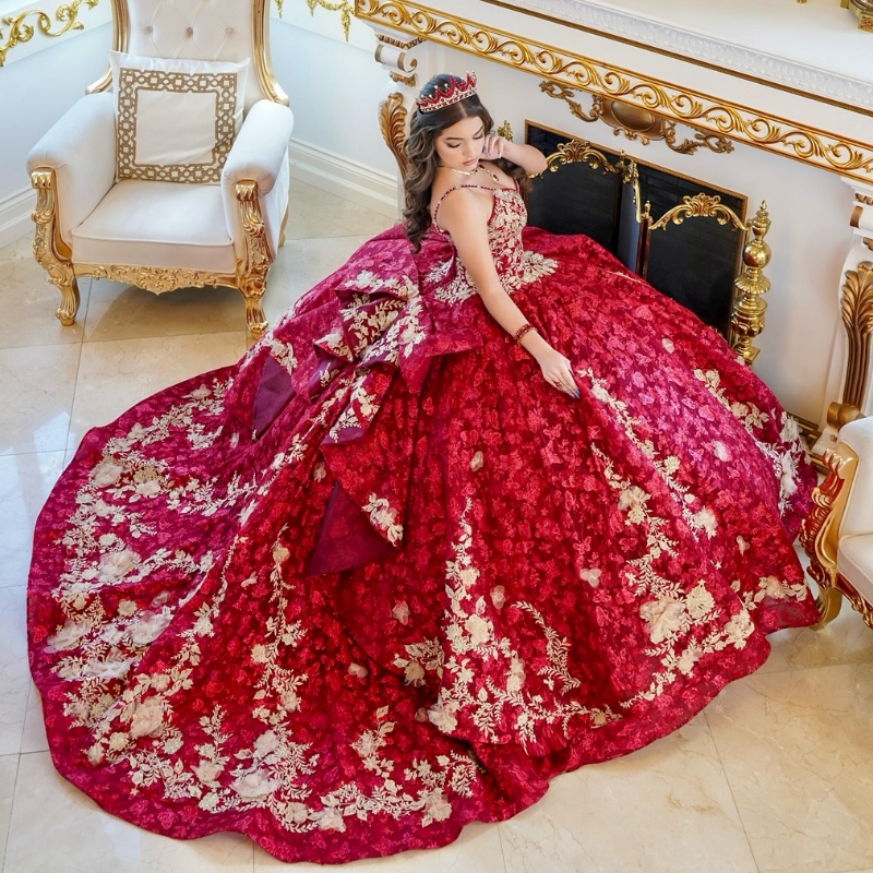 Red Shiny Quinceanera Dresses Ball Gown Spaghetti Strap Applique Lace Bow Beads Tull Party Birthday Sweet 16 Dress Vestidos 15 anos