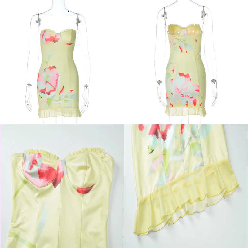 Talenza Strapless Printed Short Dress Women Summer Fashion Sleeveless Hip Ruffled Backless High Waist Party Club Y2k 250214