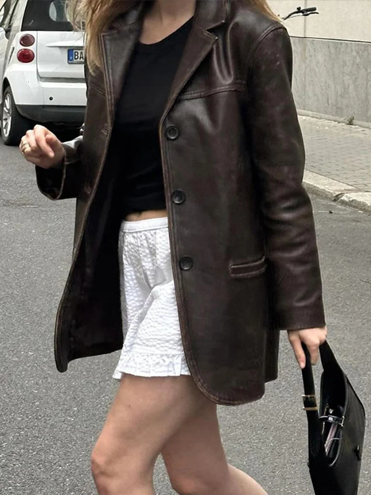 Vintage PU Leather Coat For Women Elegant Turun-down Collar Long Sleeve Loose Female Jackets Autumn Locomotive Ladies Outwear 250120