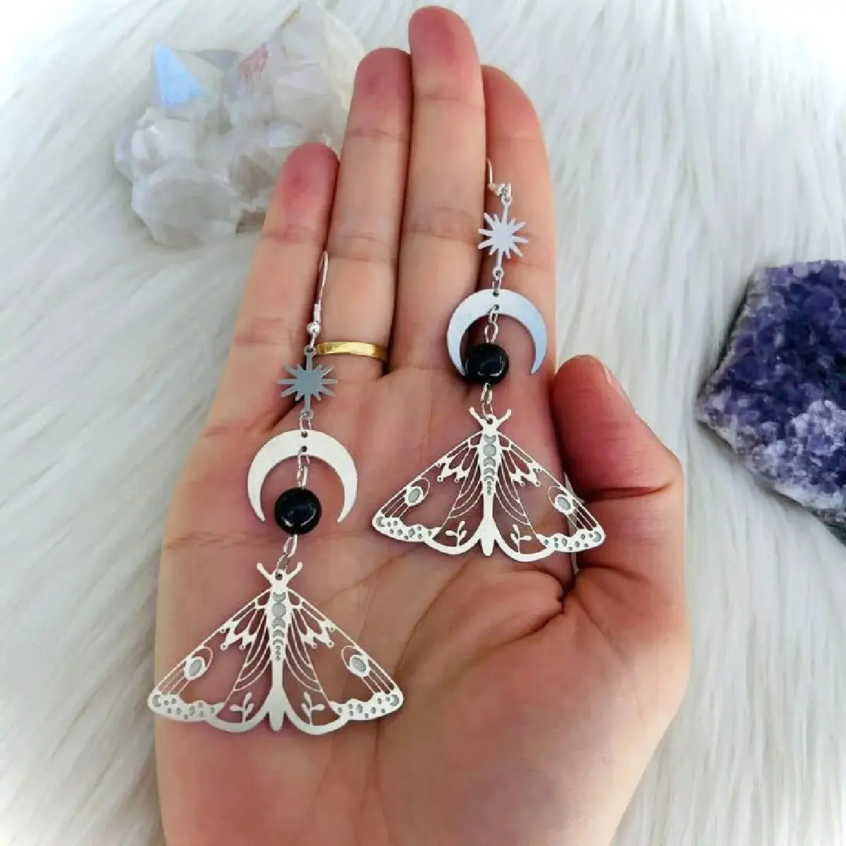 2 Pcs Fashion Moon Star Elegant Moth Insect Creative Bohemian Silver Color Copper Dangle Earrings Women Daily Party Gift Jewelry 250213