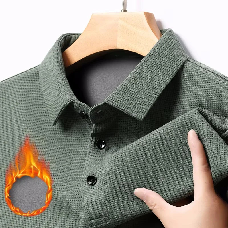 Waffle Fleece Thicken Fashion Polo Shirt Men Winter Warm Plush Business TShirt Tops Casual Button Lapel Long Sleeve Shirts 250213