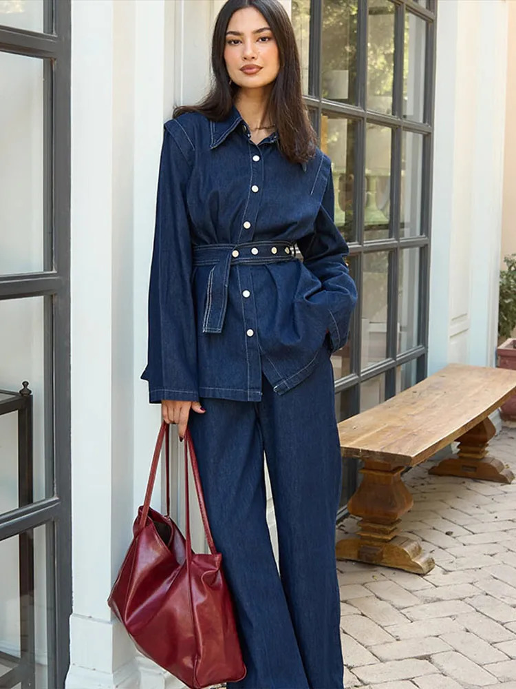 High Street Denim Suit Women 2025 Spring Summer Lapel Full Sleeves Single Breasted With Belt Jacket Wide Leg Trousers Female Set 250210