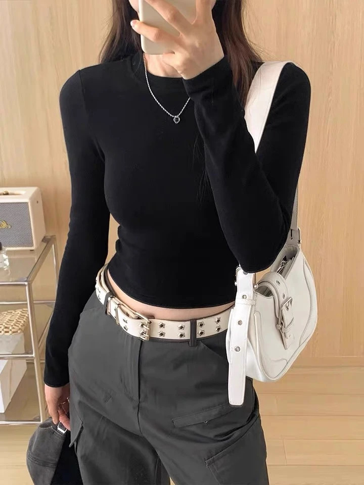 Women Casual Long Sleeve Tshirts Cotton Elastic Basic Autumn Solid Slim Pullovers Tee Shirt Female Streetwear Base Lady Top 250214