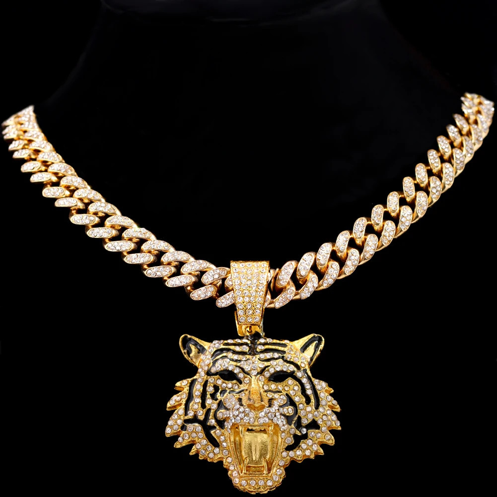 HipHop Tiger Pendant Necklace for Men Women Iced Out Cuban Link Chains Crystal Cuban CZ Stainless steel Necklaces Jewelry 250213