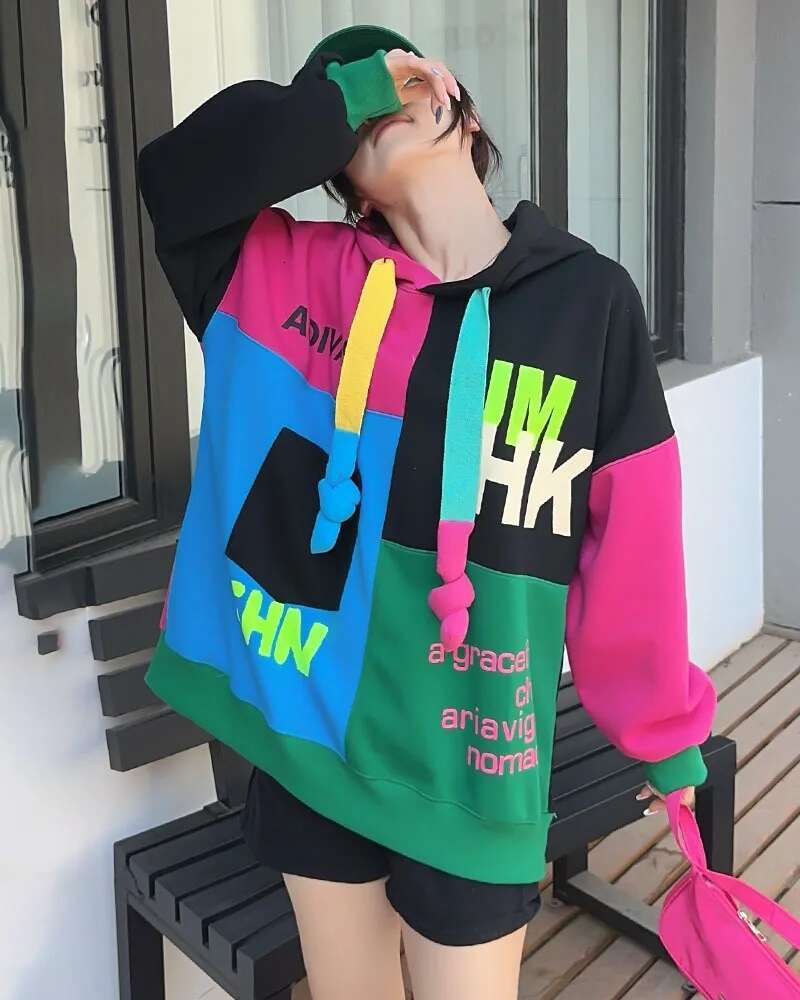 Letter Print Patchwork Oversized Hooded Sweatshirt For Women Y2k Clothes Japanese Korean Style Casual Loose Pullover Top Bust132