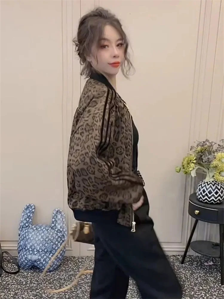 European Leopard Print Cardigan Outwear Womens Spring and Autumn Short Loose Casual Jacket Stylish Baseball Top Coat 250213