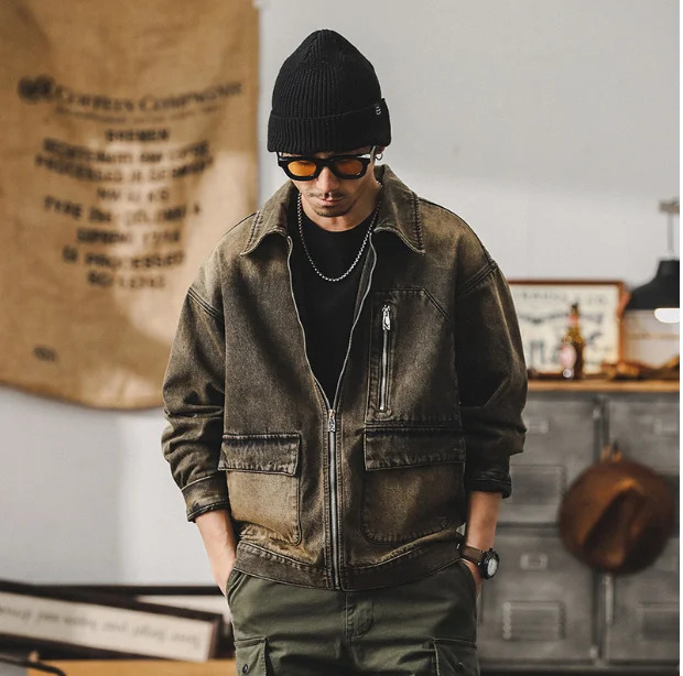 Spring and Fall Mens plussize Cyberpunk Waste Denim jacket High quality pure cotton rustwashed functional work size5XL 250212