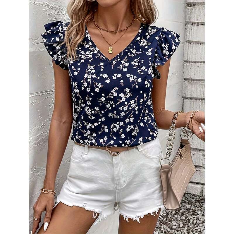 Shirt Fashion Women's Commuting V-Neck Breathable Lace Sleeve Tibetan Blue Small Ral Print Design Unique Niche New Noble Shir