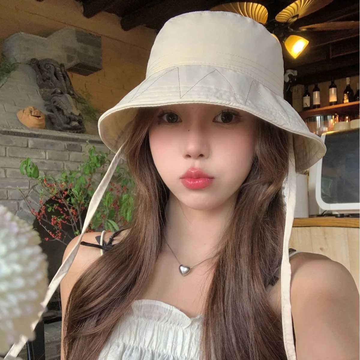 Lace-up Fisherman Hat Summer Adjustable Wide Brim Sunhat Women Bucket Hats Windbreak Windproof Rope Sunshade Basin Hat Panama W250217