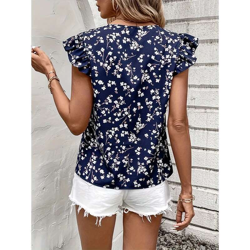 Shirt Fashion Women's Commuting V-Neck Breathable Lace Sleeve Tibetan Blue Small Ral Print Design Unique Niche New Noble Shir